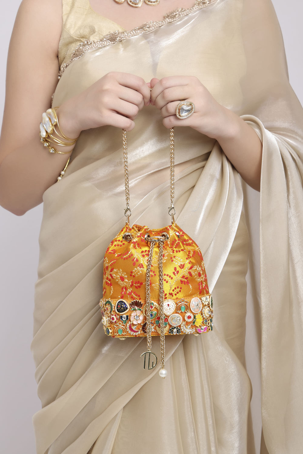Banarasi Kundan Yellow Bucket Bag
