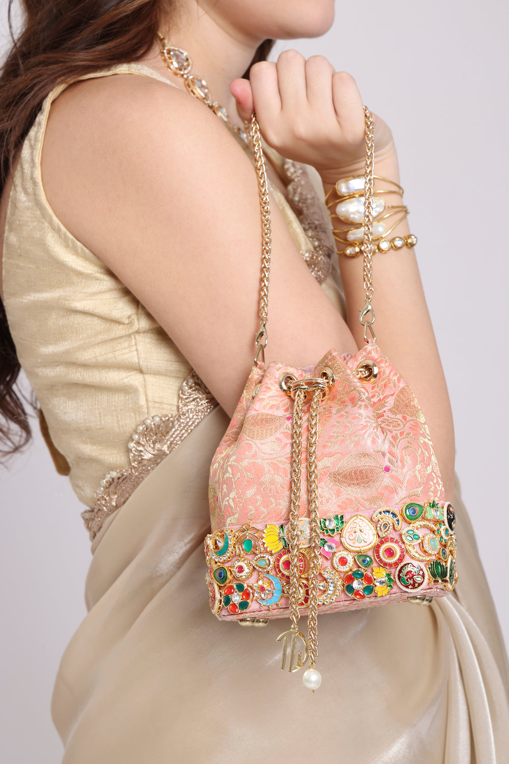 Banarasi Kundan Pink Bucket Bag
