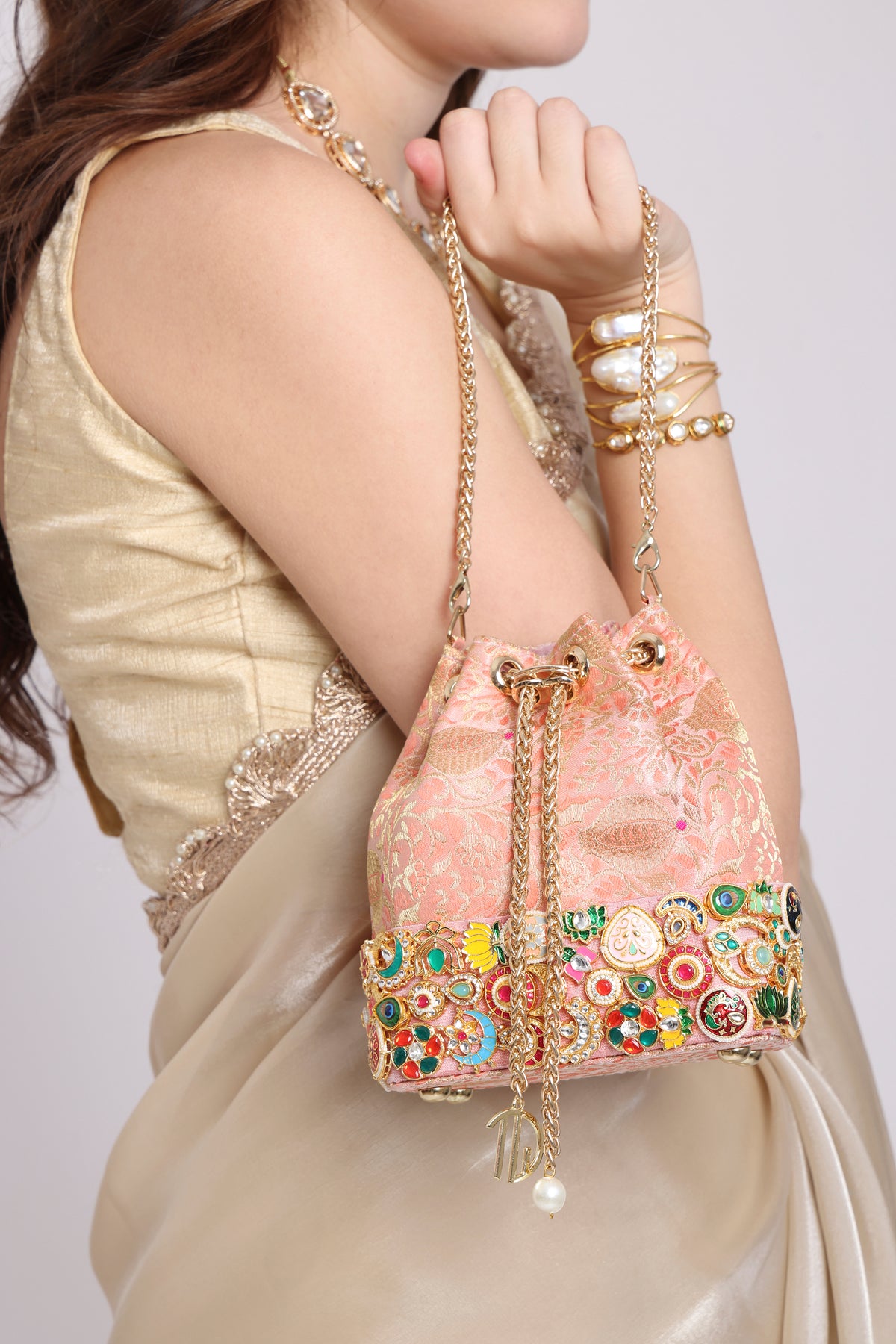 Banarasi Kundan Pink Bucket Bag