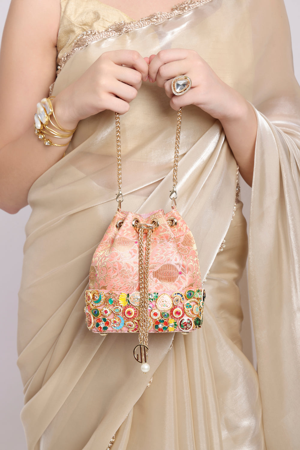 Banarasi Kundan Pink Bucket Bag