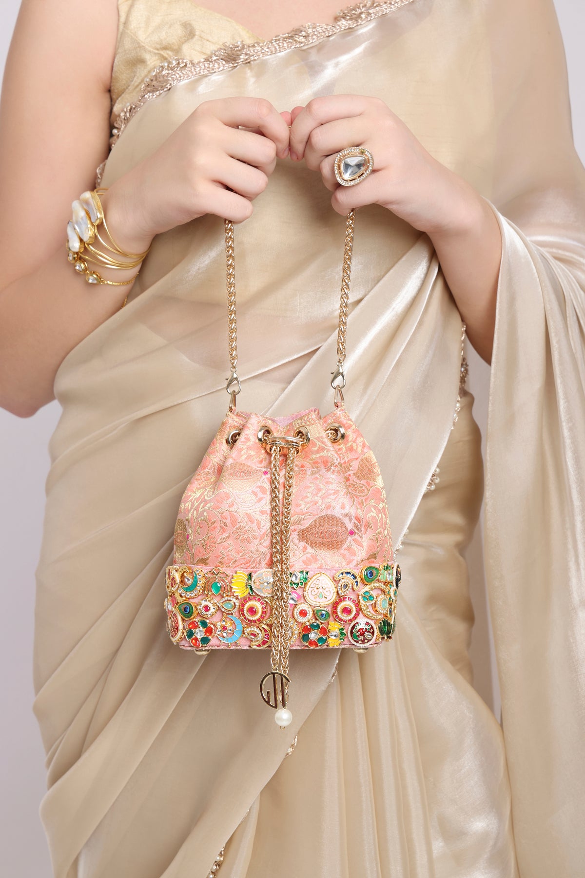 Banarasi Kundan Pink Bucket Bag