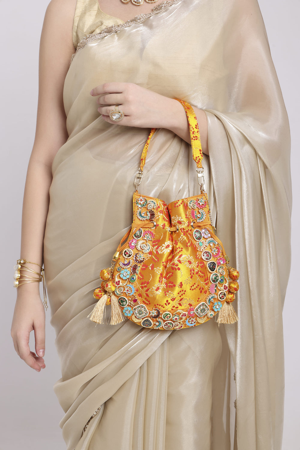 Banarasi Kundan Vibrant Yellow Potli Bag