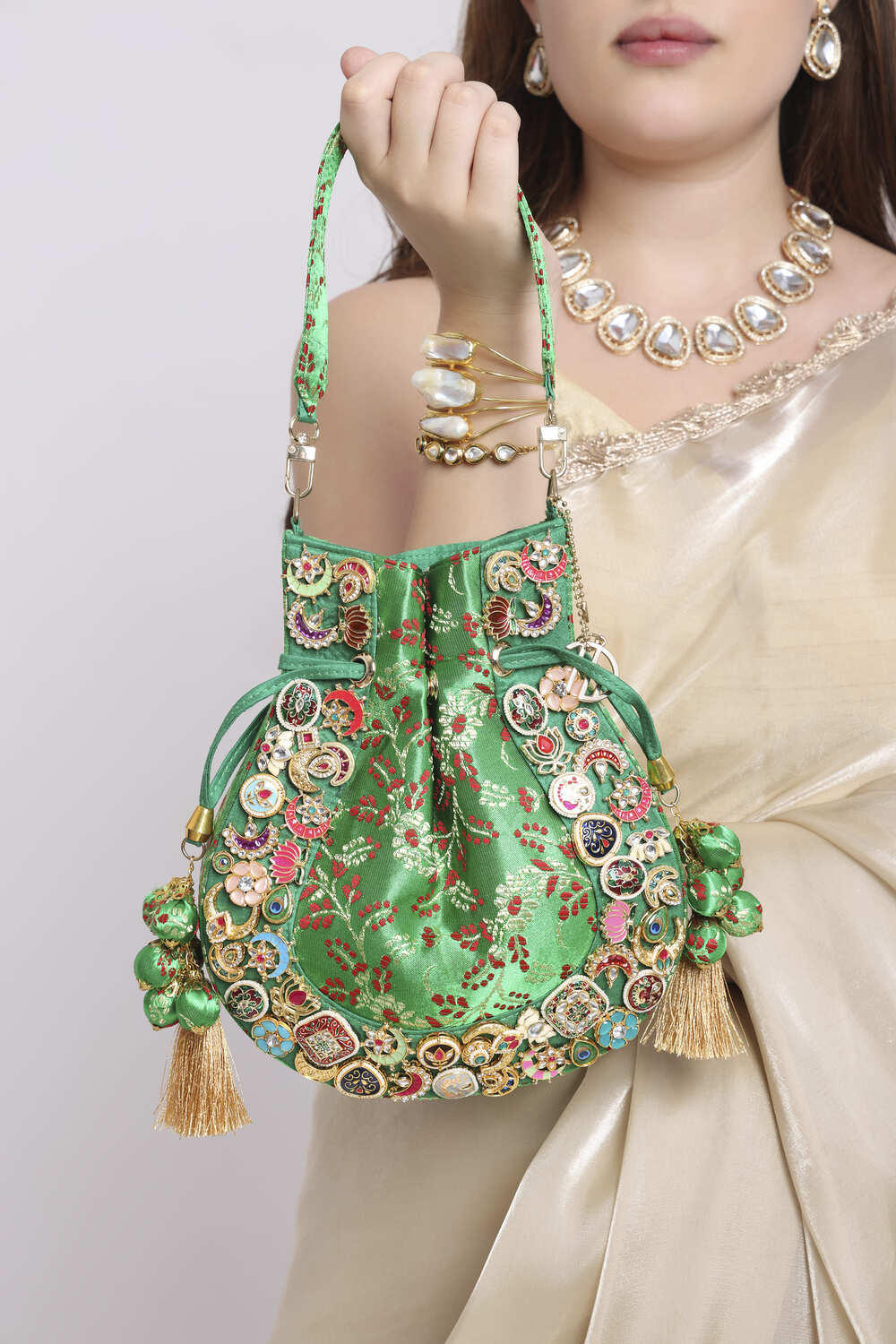 Banarasi Kundan Vibrant Green Potli Bag