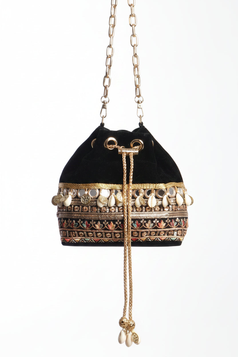 Rani Black Velvet Bucket Bag With Natural Cowrie Shells And Golden Strings