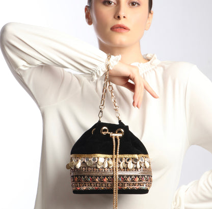 Rani Black Velvet Bucket Bag With Natural Cowrie Shells And Golden Strings