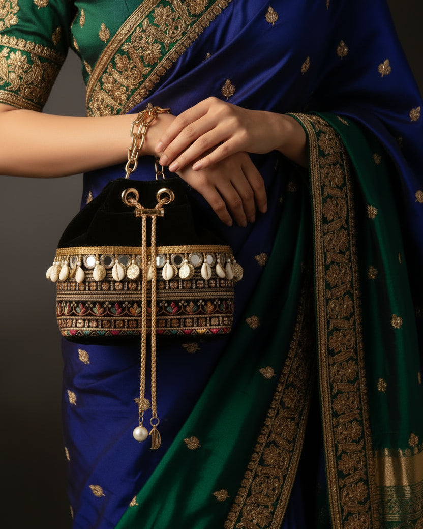 Rani Black Velvet Bucket Bag With Natural Cowrie Shells And Mirror Work Embroidered with Multi Color 