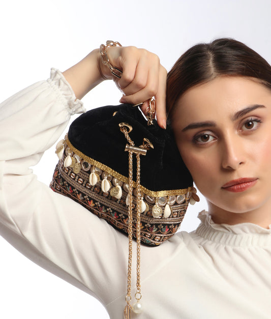 Rani Black Velvet Bucket Bag With Natural Cowrie Shells And Mirror Work Embroidered with Multi Color 