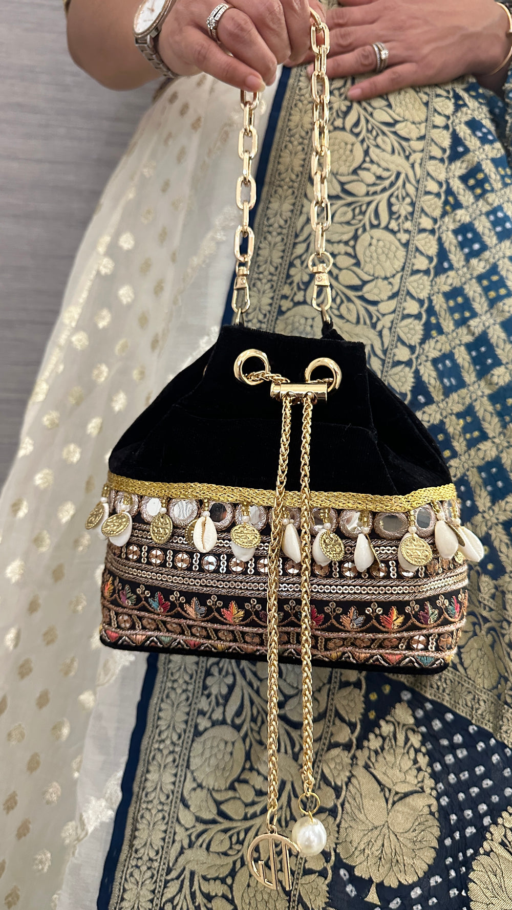 Rani Black Velvet Bucket Bag With Natural Cowrie Shells And Golden Strings