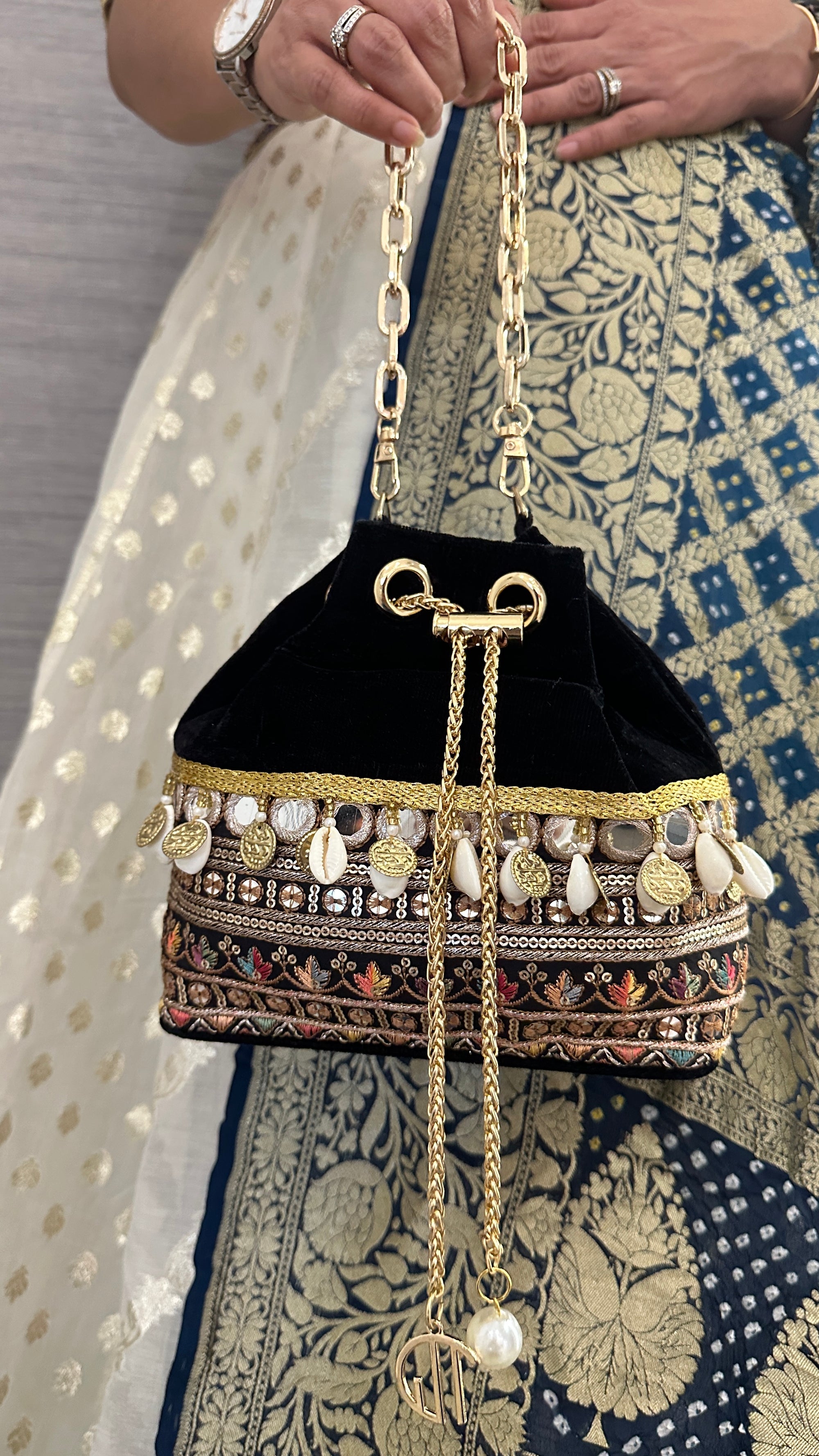 Rani Black Velvet Bucket Bag With Natural Cowrie Shells And Golden Strings