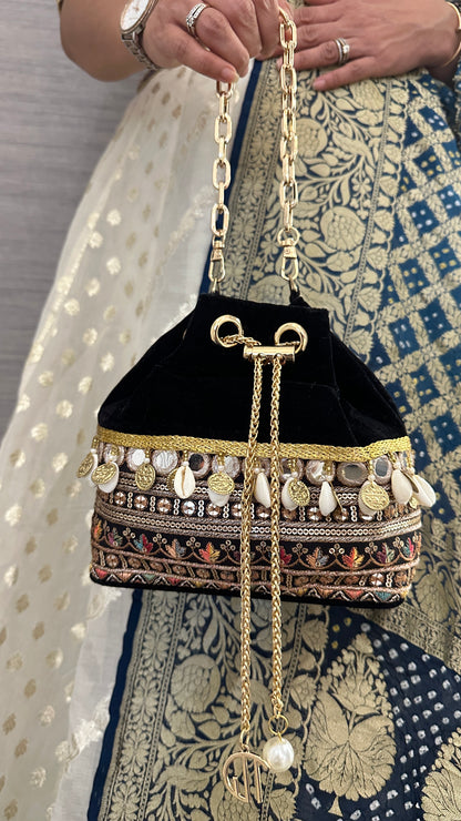 Rani Black Velvet Bucket Bag With Natural Cowrie Shells And Golden Strings