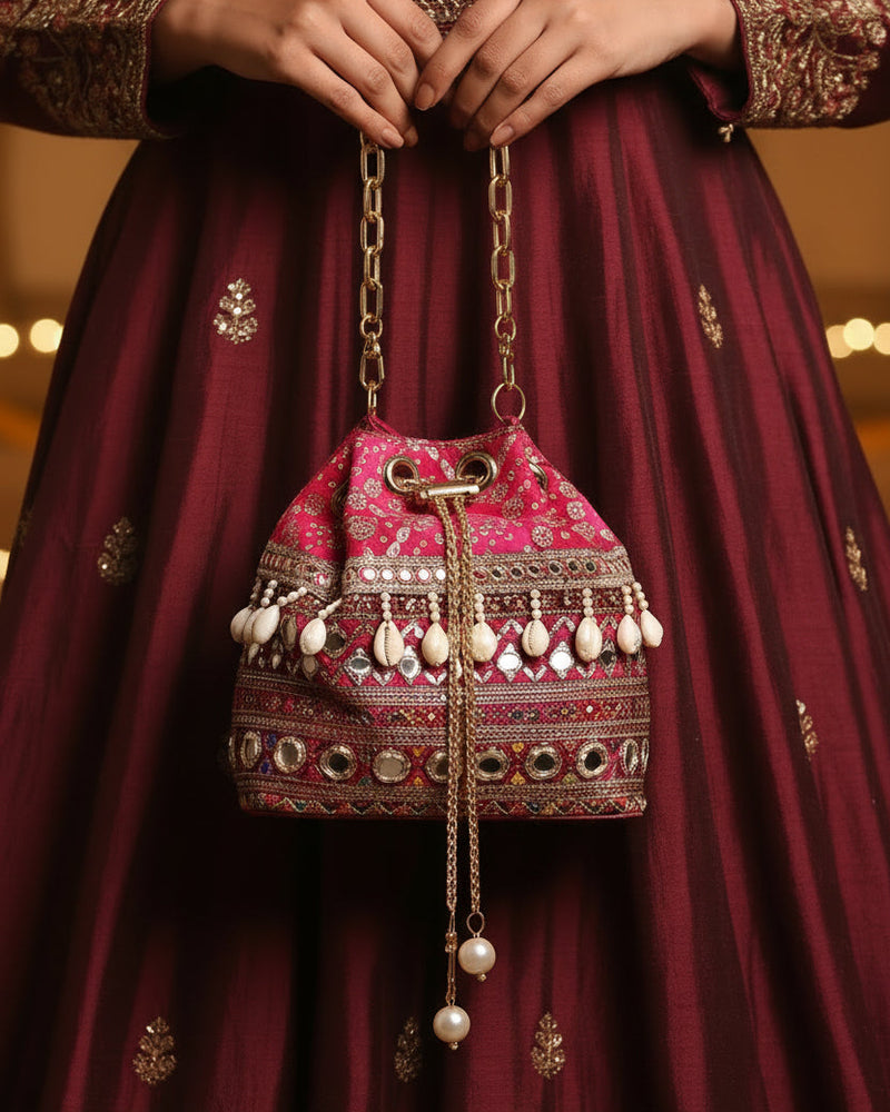 Pink Bandhani Bucket Bag