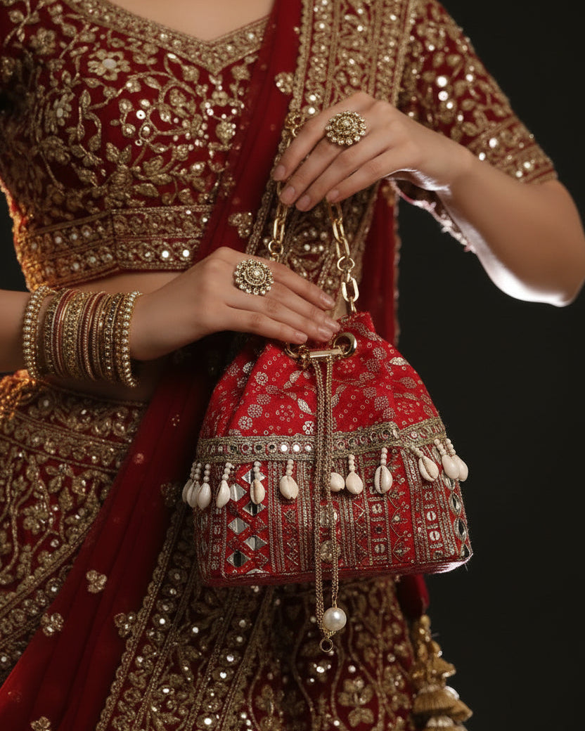 Rani Red Bandhani Bucket Bag