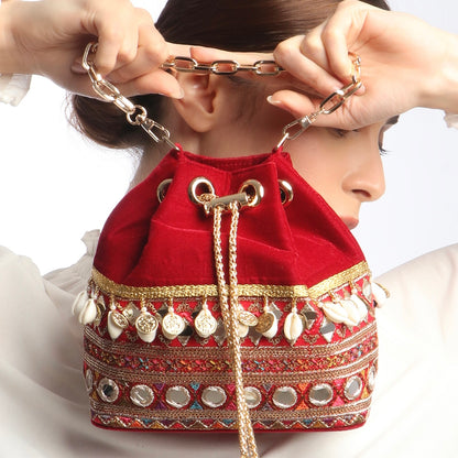 Rani Red Velvet Bucket Bag With Natural Cowrie Shells
