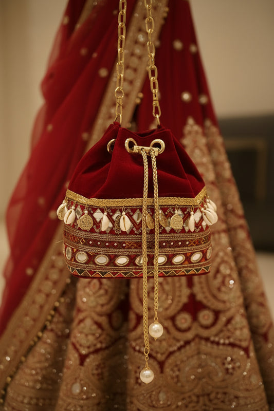 A red velvet bucket bag with multicolored thread embroidery, mirror work, cowrie shells, and antique gold coin charms. It features a gold chain handle and drawstring closure with golden tassels, placed against a concrete background with green foliage.