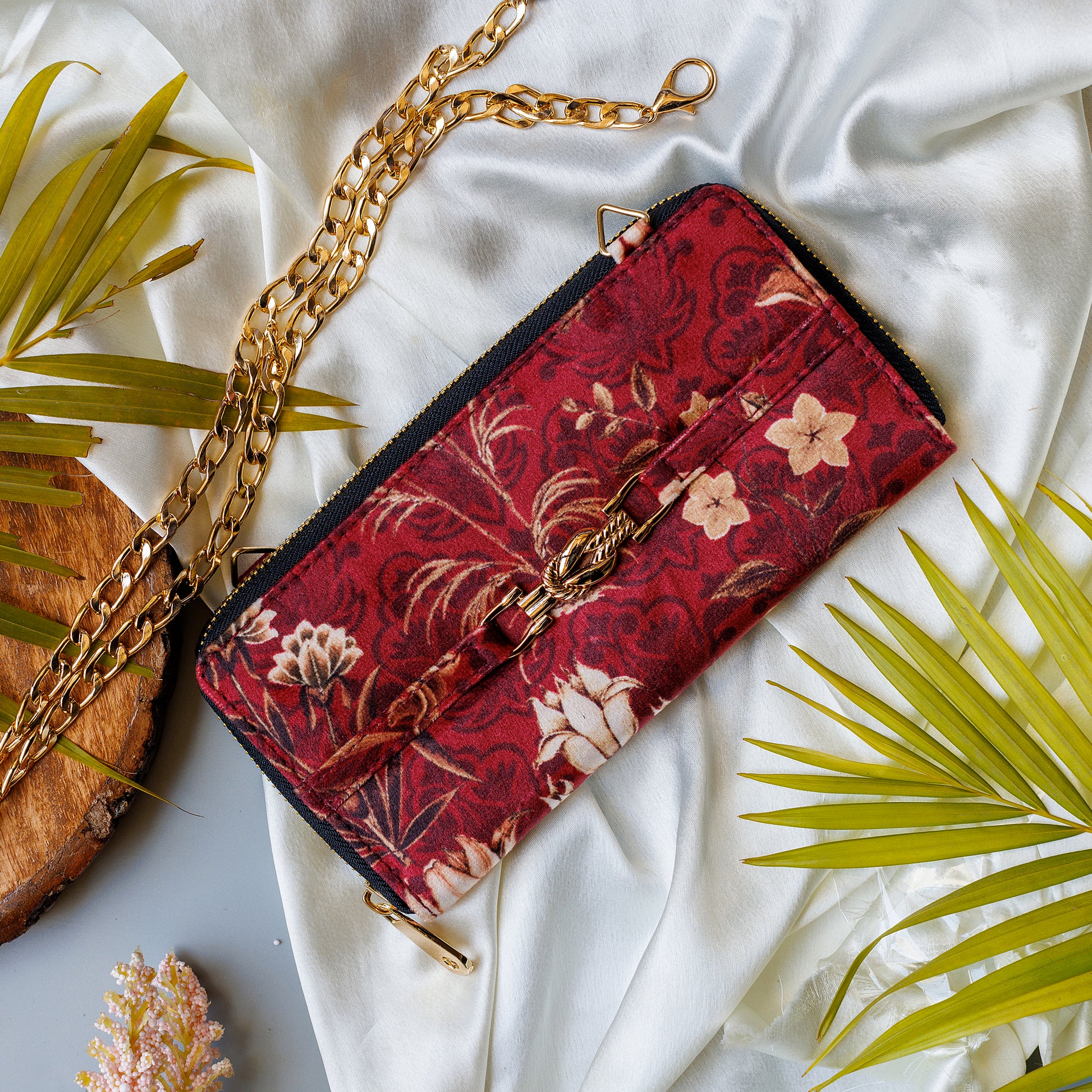 Red Suede Flora and Fauna Wallet