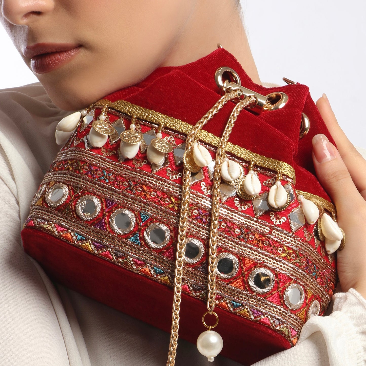 Rani Red Velvet Bucket Bag With Natural Cowrie Shells