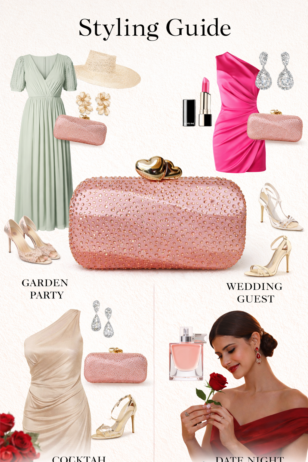 Styling guide for various occasions with dresses, accessories, and makeup.