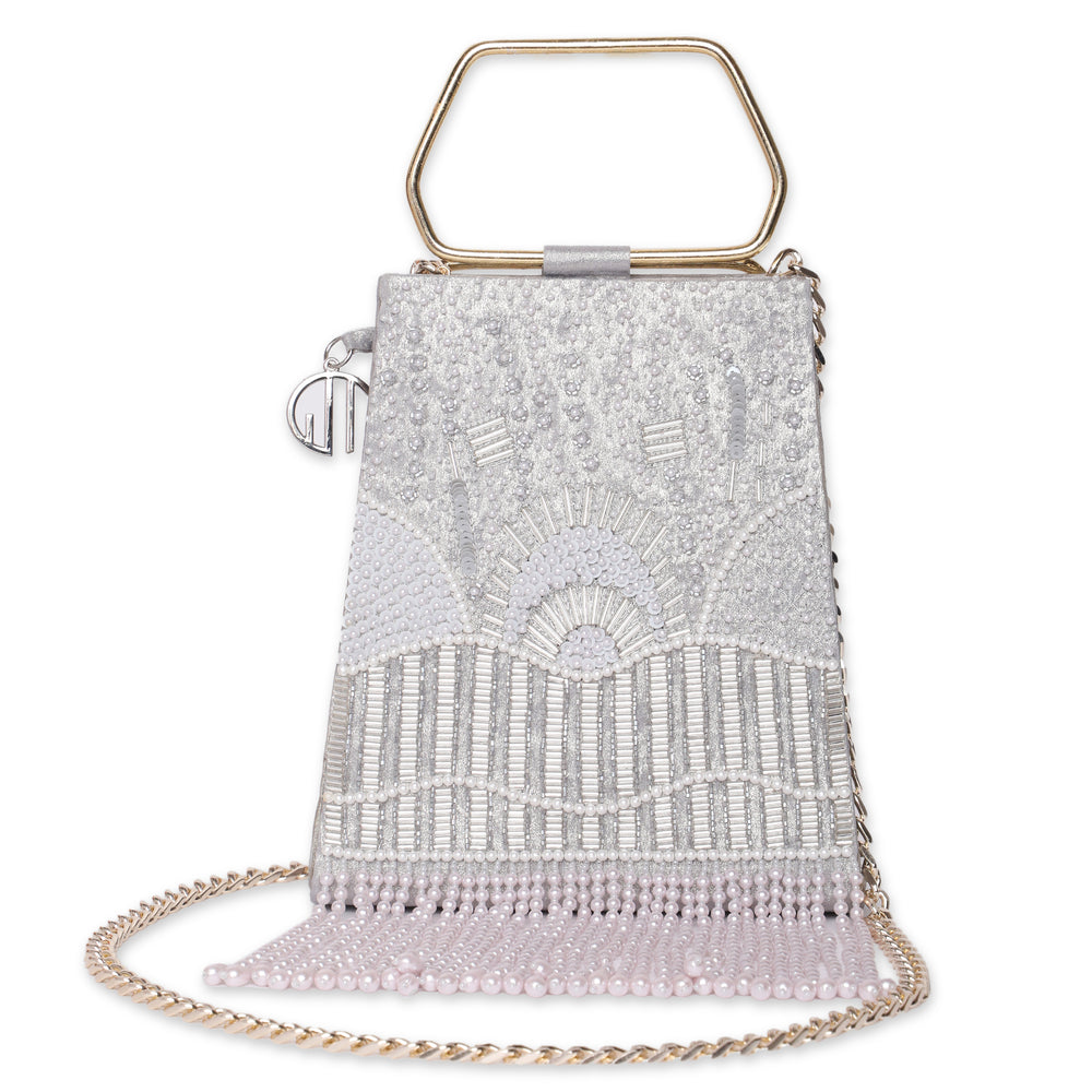 Pearl Embroidered Silver Trapeze Handle Handbag