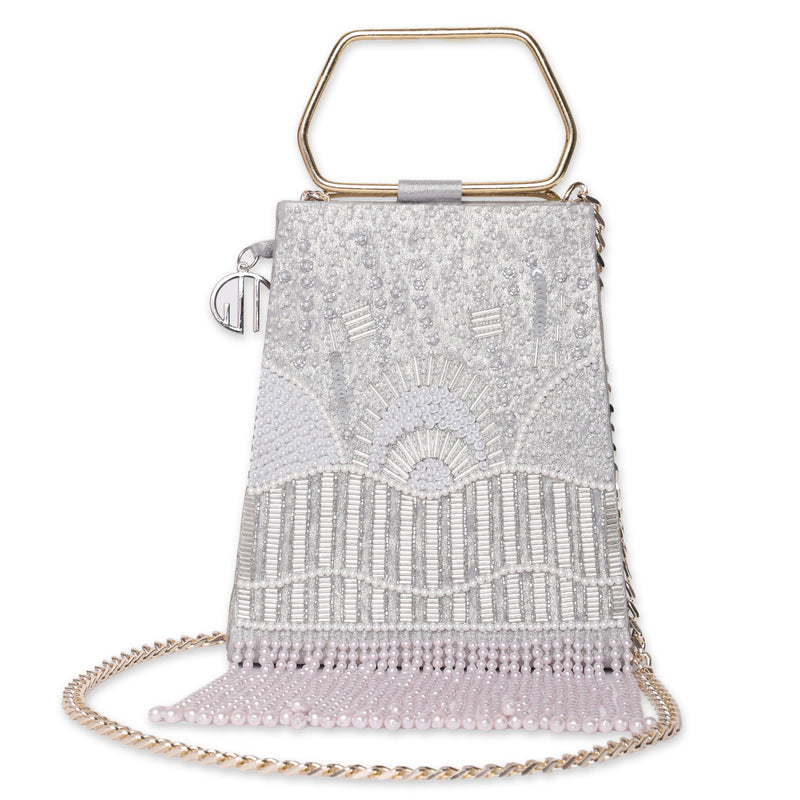Pearl Embroidered Silver Trapeze Handle Handbag