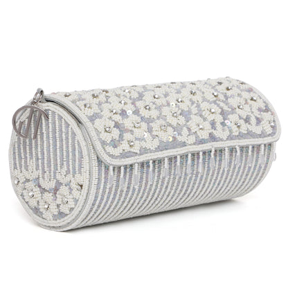 Silver Floral Beaded Cylindrical Clutch