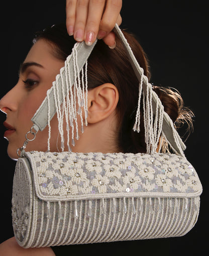 Silver beaded handbag with fringe