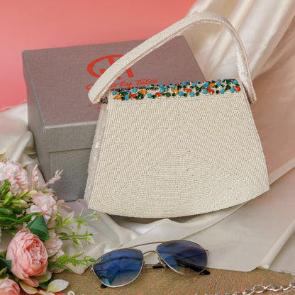 Elara White Handbag With Beaded Butterfly Motif