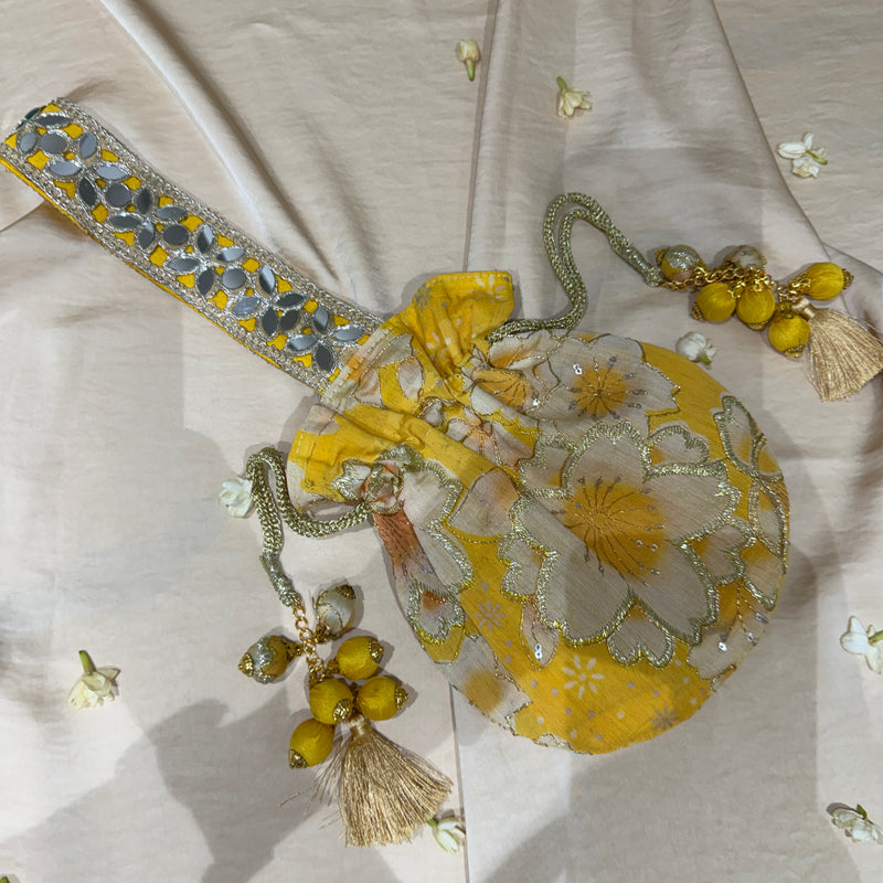 Yellow Floral Mirror Work Strap Potli