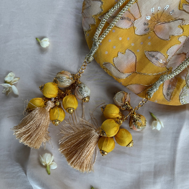 Yellow Floral Mirror Work Strap Potli