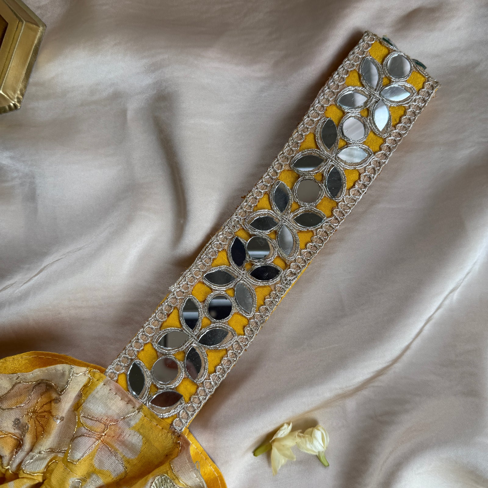 Yellow Floral Mirror Work Strap Potli