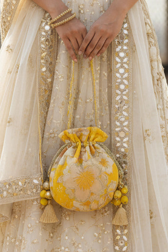 Yellow Floral Mirror Work Strap Potli