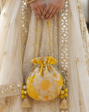 Yellow Floral Mirror Work Strap Potli