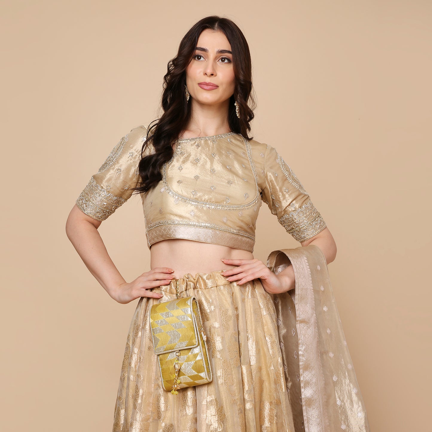 Banarsi Ikhat Patterned Yellow Sling Bag for Mobile