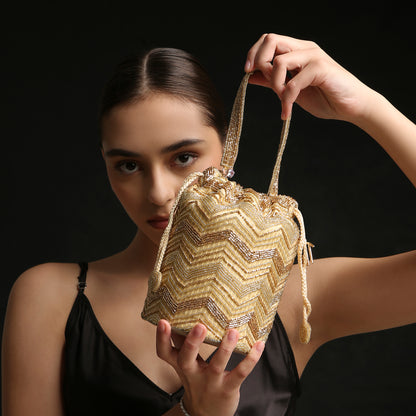 Gold Zigzag Print Bucket Potli