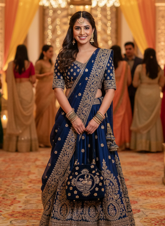 Cow Pichwai Blue Velvet Handbag