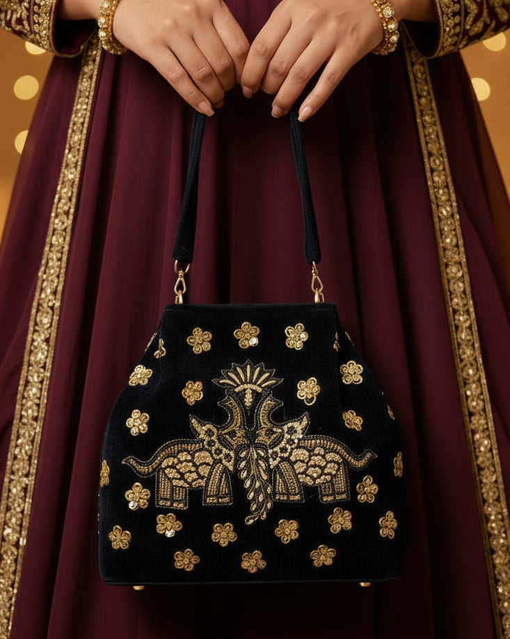 Navy blue embroidered handbag with royal seva elephant pichwai in golden zardozi work