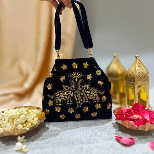 Elephant Pichwai Blue Velvet Handbag