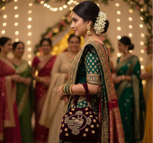 Cow Pichwai Maroon Velvet Handbag