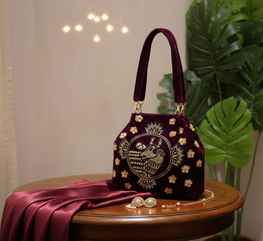 Maroon Cow Motif embroidered handbag with golden zardozi detailing 