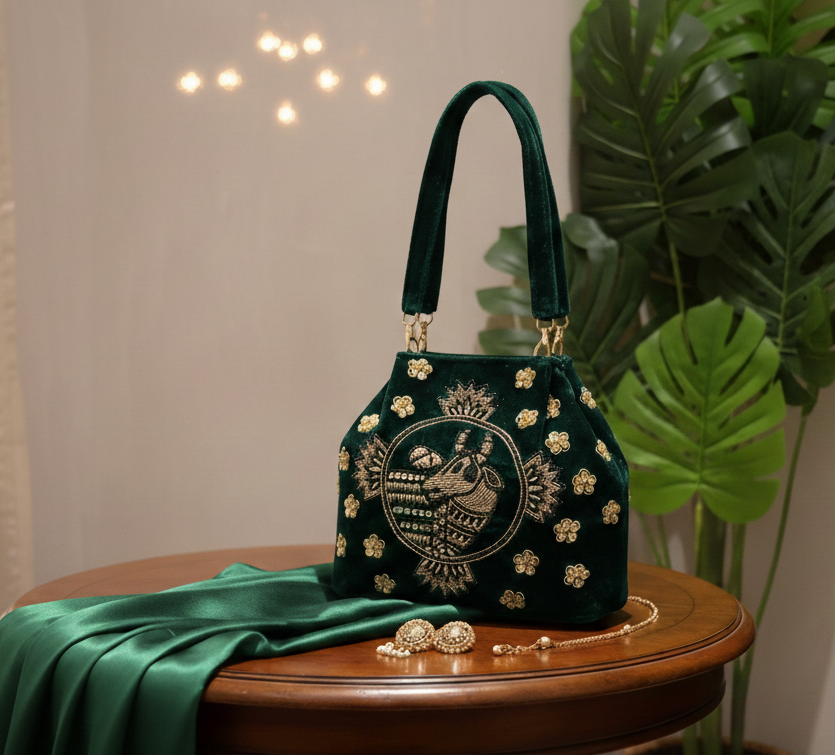 Green embroidered handbag with nandi pichwai in golden zardozi work