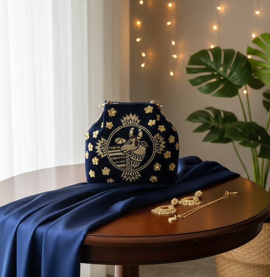 Navy blue embroidered handbag with nandi pichwai in golden zardozi work