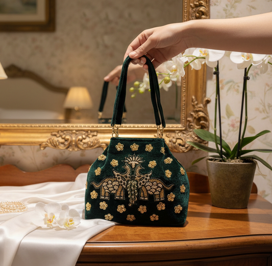 Green embroidered handbag with royal seva elephant pichwai in golden zardozi work