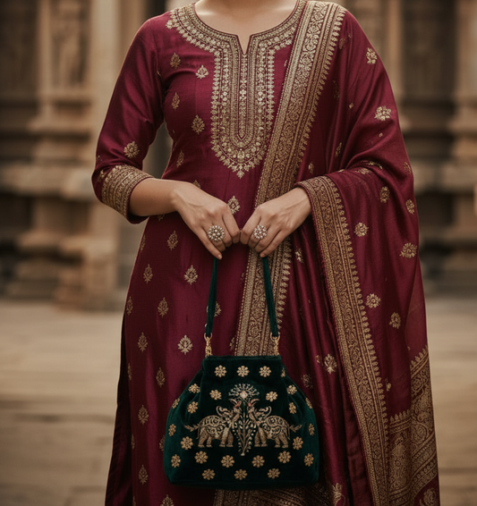 Elephant Pichwai Green Velvet Handbag