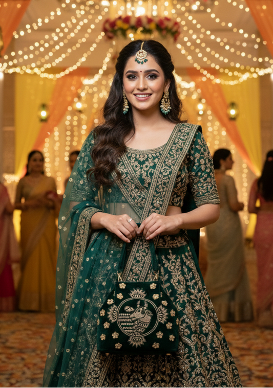 Cow Pichwai Green Velvet Handbag