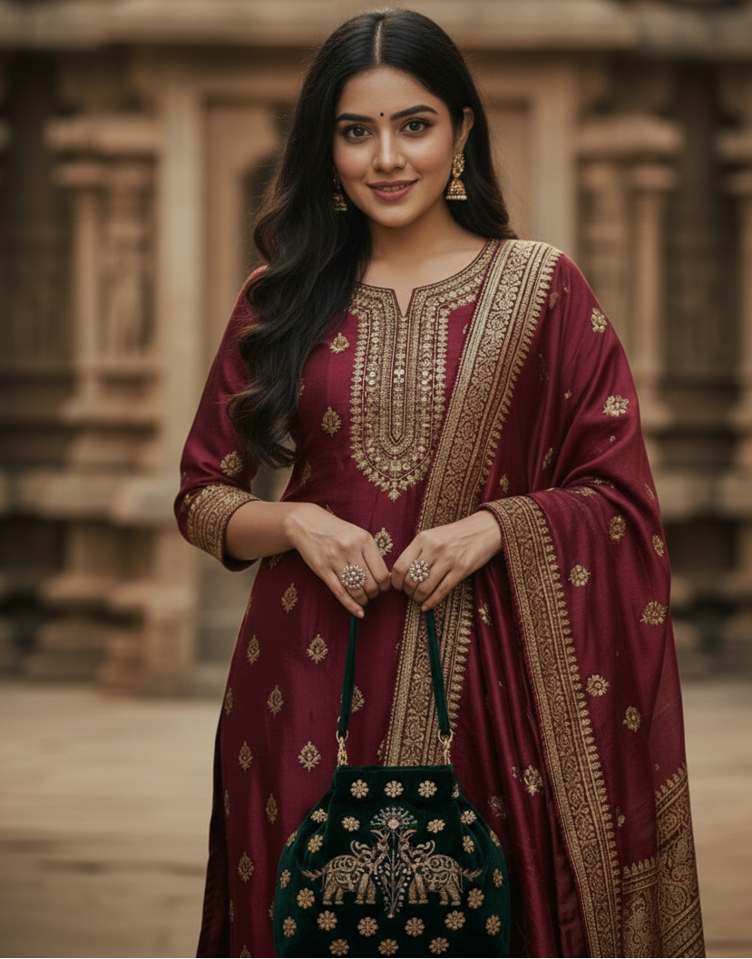 Elephant Pichwai Green Velvet Handbag