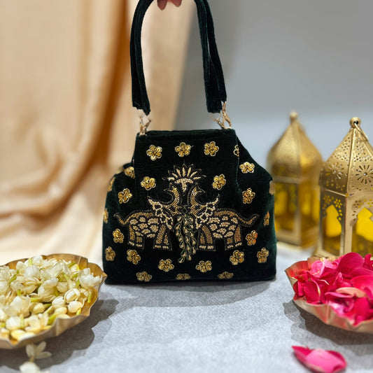 Elephant Pichwai Green Velvet Handbag
