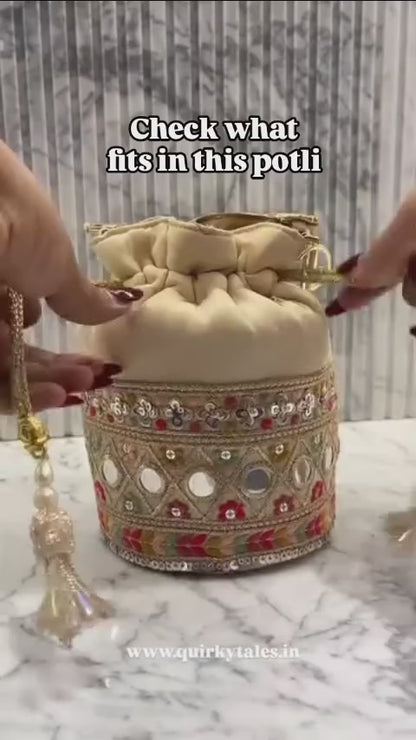 Beige Multi Colour Bucket Potli