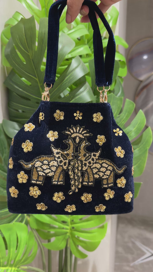 Elephant Pichwai Blue Velvet Handbag