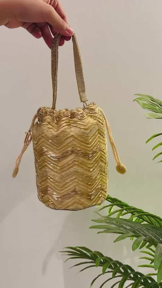 Gold Zigzag Print Bucket Potli