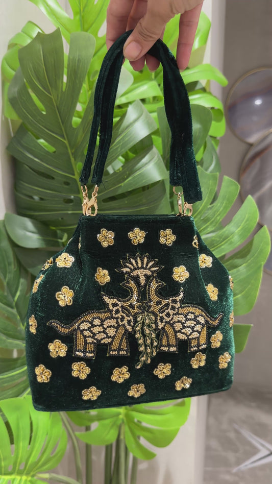 Elephant Pichwai Green Velvet Handbag