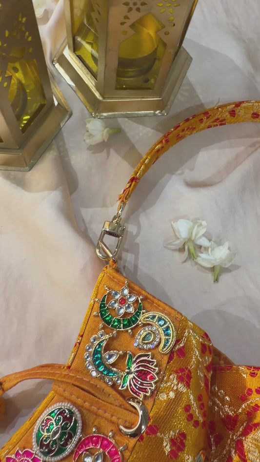 Banarasi Kundan Vibrant Yellow Potli Bag